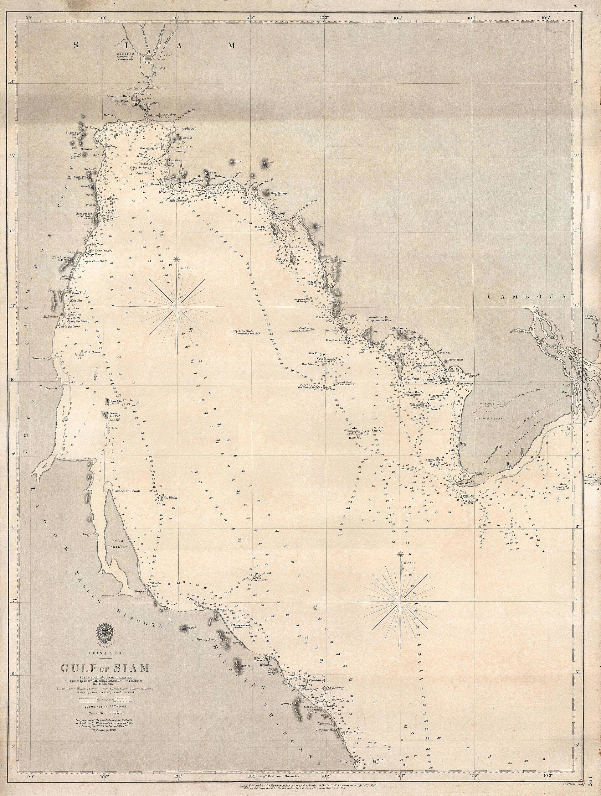 Antique Admiralty chart of the Gulf of Siam, 1855
